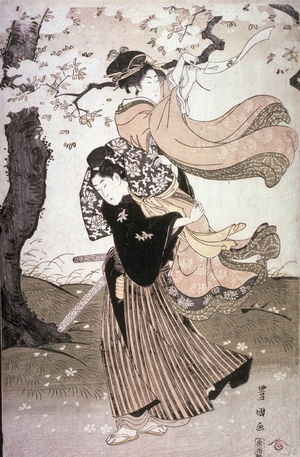 Utagawa Toyokuni I: Couple Tying Poem Sllp to Cherry Tree, panel from a triptych - Legion of Honor