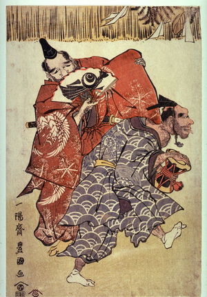 Utagawa Toyokuni I: Two Street Dancers Entertaining Womenand Children at New Year's Celebrations - Legion of Honor