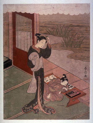 Japanese Print "[Woman looking at child asleep on it's worktable]" by Isoda Kory?sai