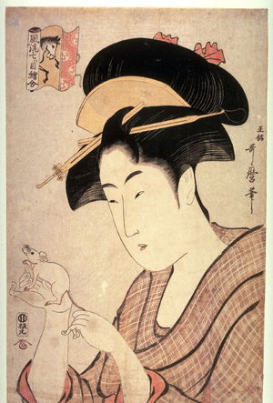 Kitagawa Utamaro: Woman with a Rat from the series Elegant Pictures of Opposites from the Zodiac (Furyu nansume e awase) - Legion of Honor