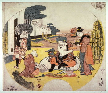Katsukawa Shunzan: Daikoku and Rats Tallying Rice Bales, from a Fan Seller's Sample Book - Legion of Honor