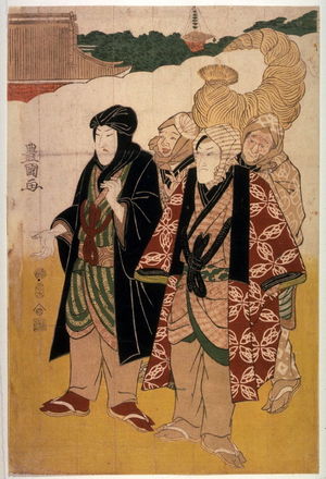 Utagawa Toyokuni I: Actors and Attendants Visiting the Temple in Asakusa: Iwai Hanshiro V and Bando Mitsugoro V (right), Sawamura Gennosuke and Ogino Isaburo II (?)(center), Ichikawa Danjuro VII (Tsuruzo) and Matsumoro Koshiro V(left) - Legion of Honor