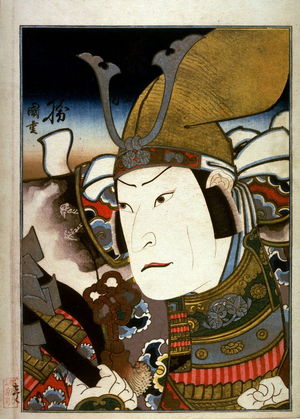 Utagawa Kunishige: Jitsukawa Ensaburo as Hata no Kawakatsu in the play Shitennoji garan kagami at the Naka Theater (Osaka) from the series Biographies of Brave Men at the Height of Their Careers ( Eika jinyuden) (right panel of a reasembled triptych) - Legion of Honor