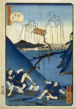 歌川広景: The Willow Tree Well at Outer Sakurada, no. 44 in the series Comic Incidents at Famous Places in Edo (Edo meisho dogi zukushi) - Legion of Honor