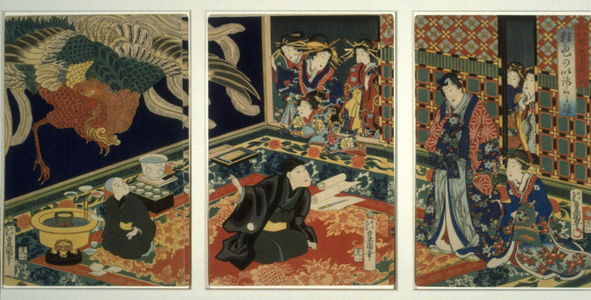 Utagawa Kunisada, 歌川国貞 (Utagawa Kunisada)による浮世絵「A Self-Portrait of the Artist Kunisada, Before a Wall Painting of a Phoenix - From the Series: A Modern Prince Genji」