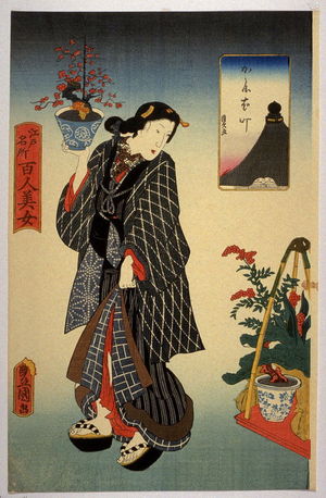 Utagawa Kunisada: Woman with Bonsai tree - From: 100 beatiful women and famous spots in Edo - Legion of Honor