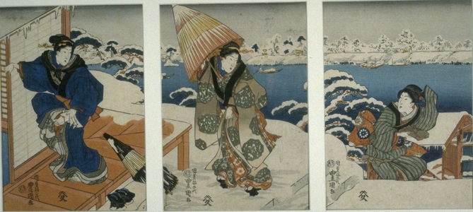 歌川国貞: Three Women Arriving at a House (in snowy weather) - Legion of Honor