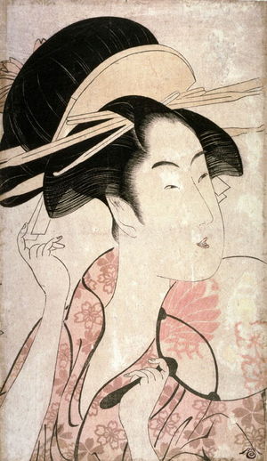 Kitagawa Utamaro: Portrait of a Woman with a Fan (half-length) - Legion of Honor