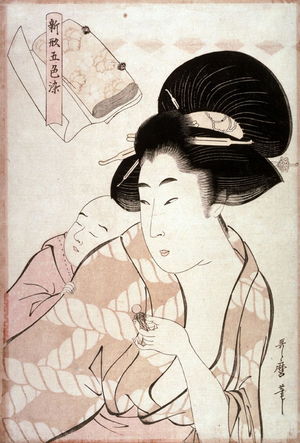 Kitagawa Utamaro: Mother Carrying a Sleeping Child from the series Five Colors of Dyed Cloth with New Patterns (Shingata goshikizome) - Legion of Honor