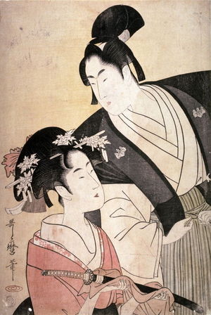 Kitagawa Utamaro: Young Woman Presenting Sword to Young Man Tying His Sash - Legion of Honor