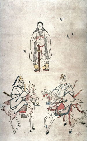 Japanese Print "[Amaterasu and attendants on horse and deer]" by Unidentified (Unidentified)