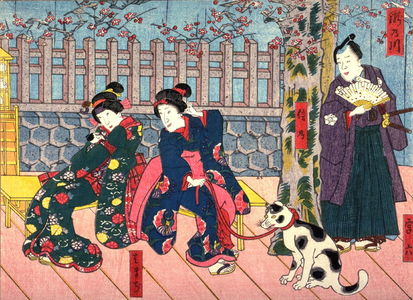 Utagawa Kunisada: The Takino River (Takinogawa)with the Actors Miyaroku, Shinno, Hamaji from an untitled series of half-block scenes from kabuki plays - Legion of Honor