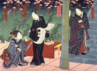 Utagawa Kunisada: Flower Viewing (Hanami) Actors as Hashimotoya, Shirakage, Suzuki Jusui (?) and Hashimotoya Outa from an untitled series of half-block scenes from kabuki plays - Legion of Honor