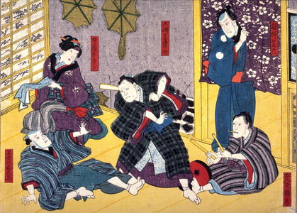 Utagawa Kunisada, 歌川国貞 (Utagawa Kunisada)による浮世絵「Actors as the Hunter Shibaroku, Udaisho Kunifusa, Dainagon Kaneaki, the rice merchant Hineemon and His Wife Okiji from an untitled series of half-block scenes from kabuki plays」