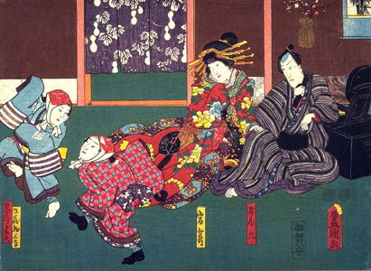 歌川国貞: Actors as Gonroku, the Courtesan Iwazaki, and the Manzai Dancers Wasakichi and Wakadaya from an untitled series of half-block scenes from kabuki plays - Legion of Honor