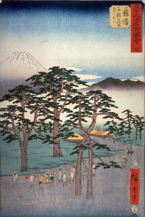 歌川広重: Mt. Fuji on the Left, from the Pine Groves near Fujisawa (Fujisawa nanki no matsubara hidari fuji, no. 7 from the series Famous Places near the Fifty-three Stations of the Tokaido (Gojusantsugi meisho zue) - Legion of Honor