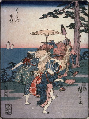 Utagawa Hiroshige: Kurasawa Dancers at Yui (Yui kurasawa odori), no. 17 from a series of Fifty-three Stations of the Tokaido (Gojusantsugi) - Legion of Honor