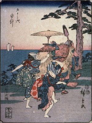 歌川広重: Kurasawa Dancers at Yui (Yui kurasawa odori), no. 17 from a series of Fifty-three Stations of the Tokaido (Gojusantsugi) - Legion of Honor