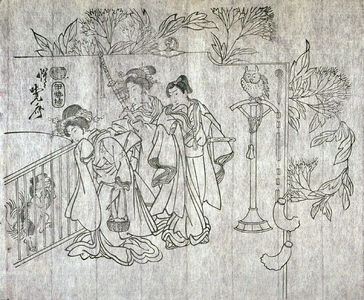 Kawanabe Ky?sai: Untitled (Flowers, Man and Two Women Looking at Dog) sixth of a group of thirteen proofs from the key blocks of fan prints combining genre and floral studies - Legion of Honor