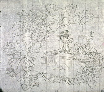 Kawanabe Ky?sai: Untitled (Mallows and Hydrangea, Woman Seated at Writing Desk), second of a group of thirteen proofs from the key blocks of fan prints combining genre and floral studies - Legion of Honor