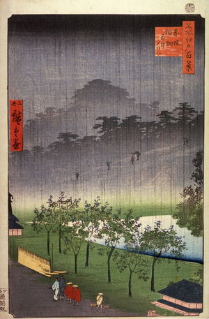 二歌川広重: Night Rain at the Paulownia Grove at Akasaka (Akasaka kiribatake uchu yukei), no. 48a from the series One Hundred Views of Famous Places in Edo (Meisho edo hyakkei) - Legion of Honor