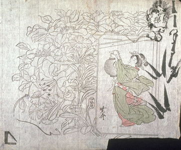 Kawanabe Ky?sai: Untitled (Lilies, Pinks, Clematis, Young Woman with Lantern, Sketch of Face and Bamboo) fifth of a group of thirteen proofs from the key blocks of fan prints combining genre and floral studies - Legion of Honor