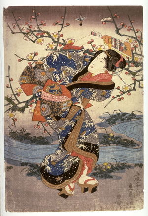 Utagawa Sadatora: Young Woman by a Stream, from the series Elegant Spring Pastimes (Furyu haru no asobi), panel from a triptych - Legion of Honor