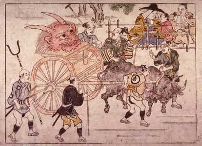 菱川師宣: Pulling the Devil's Head into Kyoto on an Ox Cart, number 18 from an untitled series of illustrations of the legend of Shutendoji - Legion of Honor