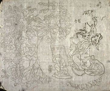 Kawanabe Ky?sai: Untitled (Peonies, Courtesan Kneeling Befor Mirror Stand, Sketch of Animal Head) eighth of a group of thirteen proofs from the key blocks of fan prints combining genre and floral studies - Legion of Honor