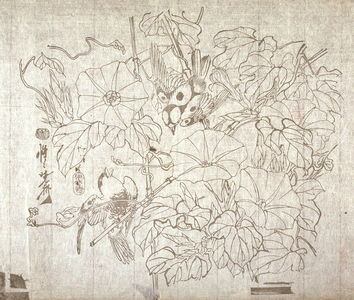 Kawanabe Ky?sai: Untitled (Morning Glories and Two Birds) eleventh of a group of thirteen proofs from the key blocks of fan prints combining genre and floral studies - Legion of Honor