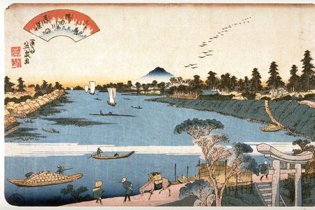 渓斉英泉: Descending Geese on the Sumida River (Sumidagawa no rakugan) from the series Eight Views of Edo (Edo hakkei) - Legion of Honor