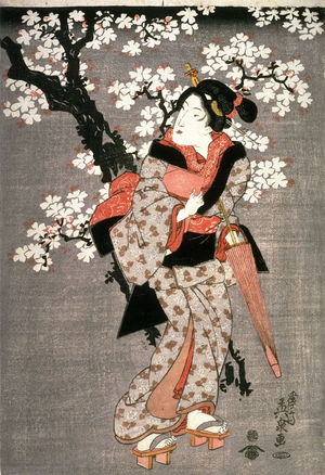 Keisai Eisen: Three Geisha Standing Beneath Flowering Cherry Trees - Legion of Honor