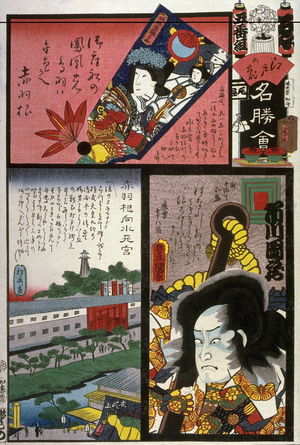 歌川国貞: Ichikawa Danzo as Tomomori in Group 5. No. Ye. Akabane, from the series The Flowers of Edo Matched with Famous Places (Edo no hana meisho awase), from a collaborative harimaze series - Legion of Honor