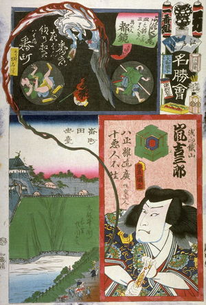 Utagawa Kunisada: Arashi Kichisaburro as Asayama Tetsuzan, Ghosts, Ushigafuchi in Group 1. No. Man. Kudan from the series The Flowers of Edo Matched with Famous Places (Edo no hana meisho awase), from a collaborative harimaze series - Legion of Honor