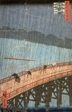歌川広重: Evening Rain at Atake on the Great Bridge(Ohashi atake no yudachi), no. 52 from the series One Hundred Views of Famous Places in Edo (Meisho edo hyakkei) - Legion of Honor