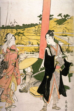 Katsukawa Shun'ei: Travelling Couple by Entrance Gate to a Shrine, panel of a polyptych - Legion of Honor