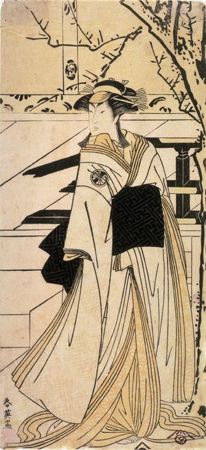 勝川春英: Segawa Kikunojo III as a Young Woman by a Palace - Legion of Honor