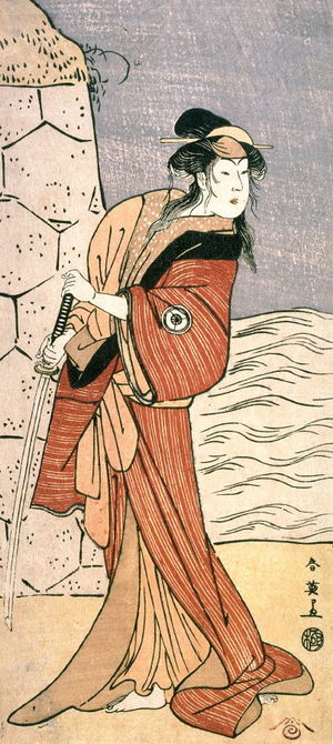 勝川春英: Iwai Hanshiro IV as a Woman with a Sword, panel of a polyptych - Legion of Honor