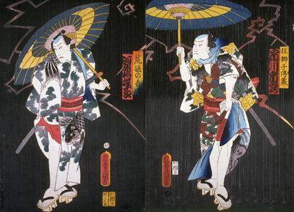 歌川国貞: Ichikawa Ichizo and Kawarazaki Gonjuro as Crazy Lion Denzo and Araiso no Koji, two panels from a polyptych - Legion of Honor