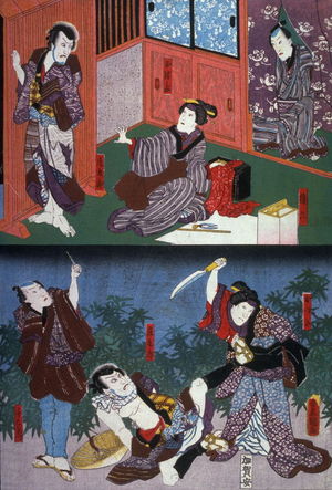 歌川国貞: Actors as Gonroku, Otsuma, Shokuro,Otsuta and Sen'emon from an untitled series of half-block scenes from kabuki plays - Legion of Honor