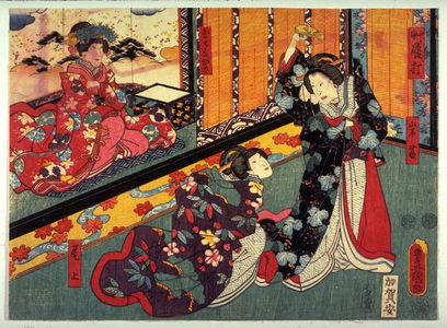 Japanese Print "Actors as Iwafuji, Onoe, and Tamateruhime in The Sandal Blow (Zoriuchi) from the play Kagamiyama, from an untitled series of half-block scenes from kabuki plays" by Utagawa Kunisada, 歌川国貞 (Utagawa Kunisada)