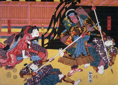 歌川国貞: Actors as Fukashichi and Omiwa in a scene from the play Imoseyama, from an untitled series of half-block scenes from kabuki plays - Legion of Honor