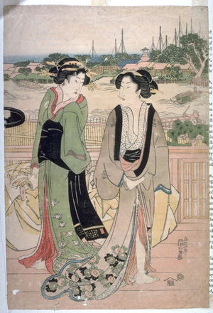 Utagawa Kunisada, 歌川国貞 (Utagawa Kunisada)による浮世絵「Two geisha on a bridge」