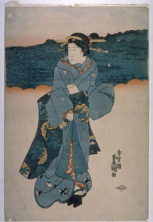 Utagawa Kunisada, 歌川国貞 (Utagawa Kunisada)による浮世絵「Strolling geisha, view of bridge」