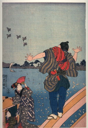 Utagawa Kunisada: Pilgrim scattering name ships from railing of bridge - Legion of Honor