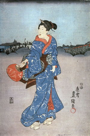 Japanese Print "Geisha strolling at night near Ruogoku Bridge" by Utagawa Kunisada, 歌川国貞 (Utagawa Kunisada)