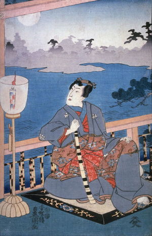 Utagawa Kunisada: Genji seated on a veranda in moonlight - Legion of Honor