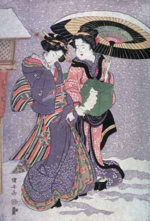 歌川国安: Geisha and attendant walking in snow - Legion of Honor