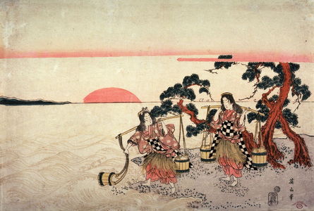 菊川英山: Matsukaze and Murasame Gathering Brine at Dawn on the Beach at Akashi - Legion of Honor