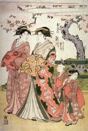 Eishi: The Courtesan Takigawa of the Tamaya with Attendants ( a Shinzo and Her Two Kamuro, Chidori and Namiji) (Tamaya no uchi Takigawa, Chidori, Namiji) - Legion of Honor